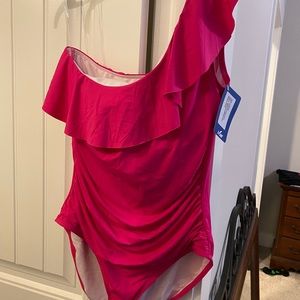 Hilor 1-shoulder swimsuit. Pink-size 12. Never worn. Tags/liner still attached.